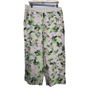 J.Jill Love Linen Pants L Floral Wide‎ Leg Pull On Beige Green Pink Pockets